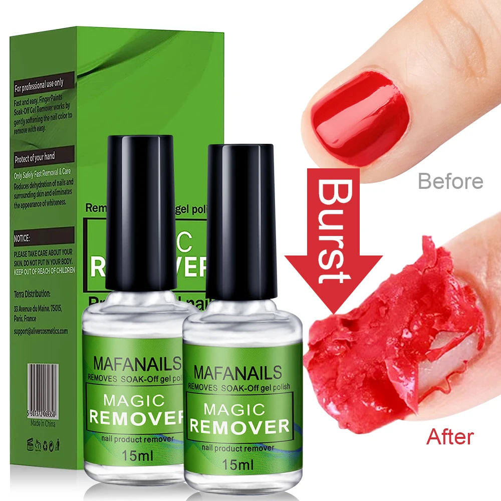 Magic Gel Nail Polish Remover with Listed 15ml Size, 2pc or 4pc Purchase Labels for UV Semi-Permanent Polish and Instruction-Guided Adult Manicure Removal