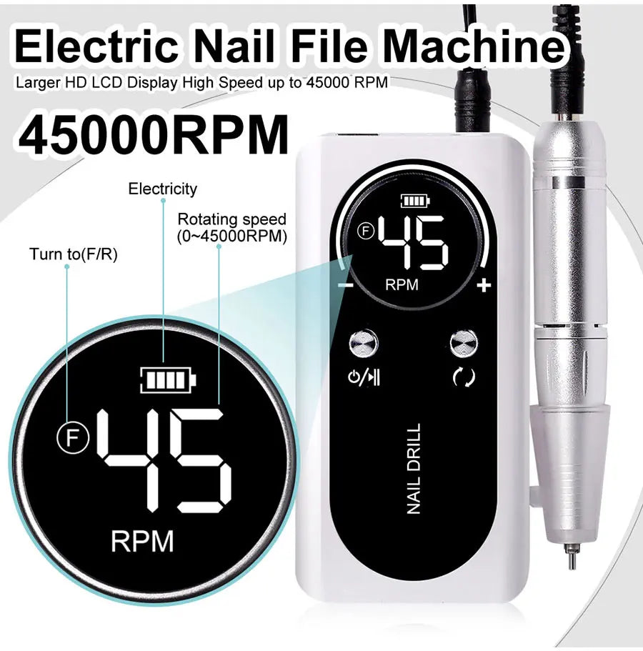 Portable Nail Drill V2 with Listed 45,000 RPM Adjustable Speed, 1800mAh Rechargeable Battery, LCD Display and Six Bits for Acrylic and Gel Manicures
