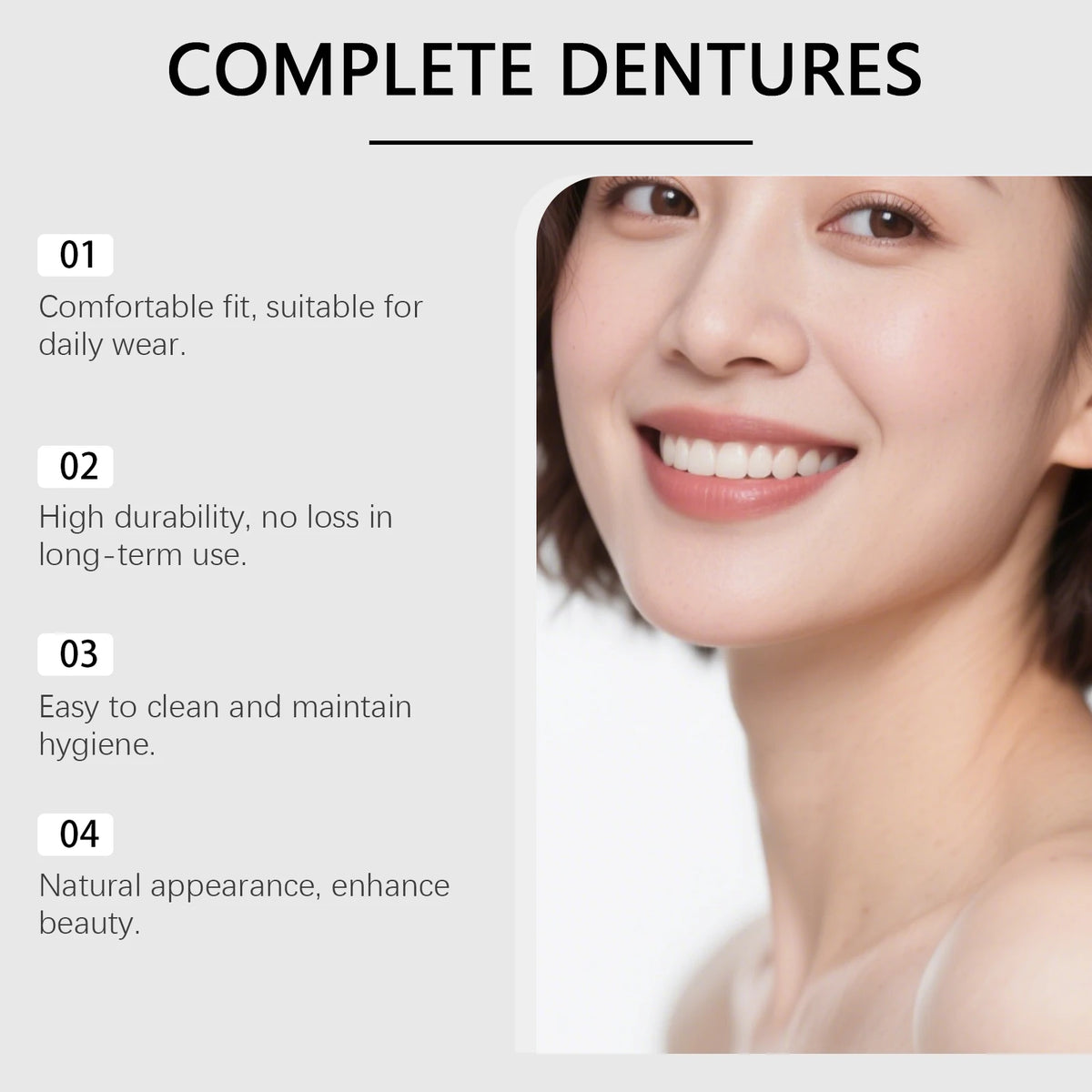 Cosmetic Denture-Style Teeth Cover Kit with Single-Piece and Multi-Item Purchase Labels, Material and Fit Details Requiring Professional Dental Review Before Use
