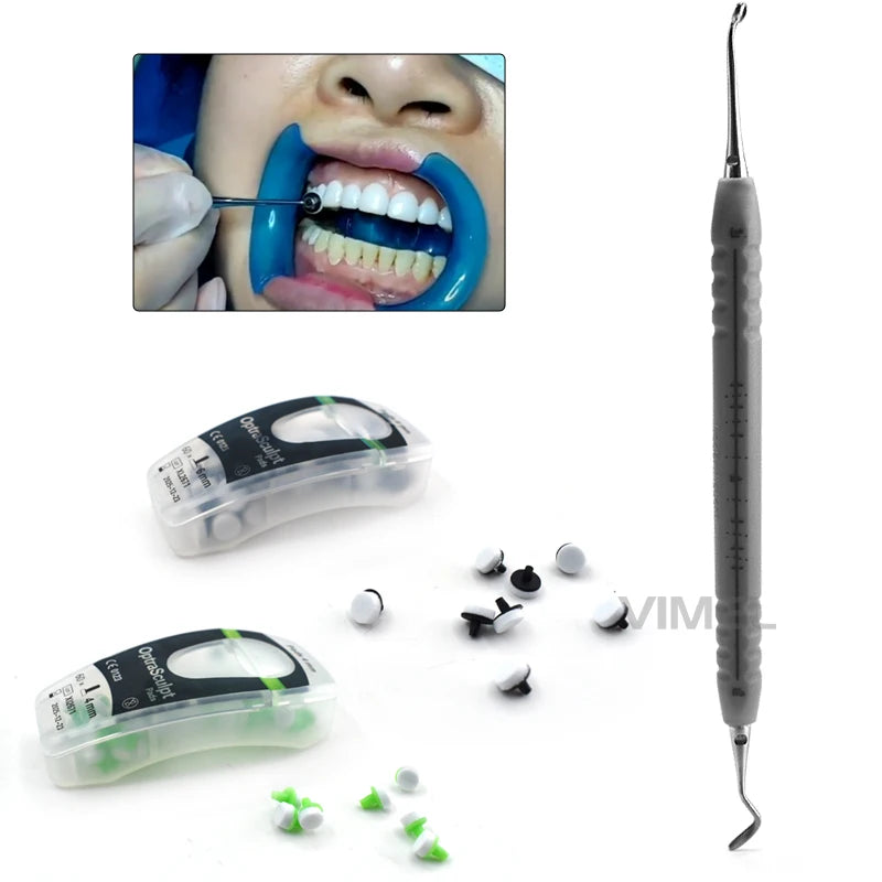 Dental Composite Modeling Kit with Listed Stainless Steel Handle and Foam Pad Attachments, 17cm Length and 4mm/6mm References for Material Shaping