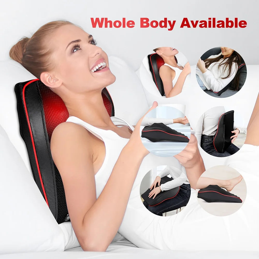 Back and Neck Massage Pillow with Listed 24W Power, PU Surface, One-Button Control and 15-Minute Auto Shutoff, Adapter and Vehicle Cable for Adult Relaxation
