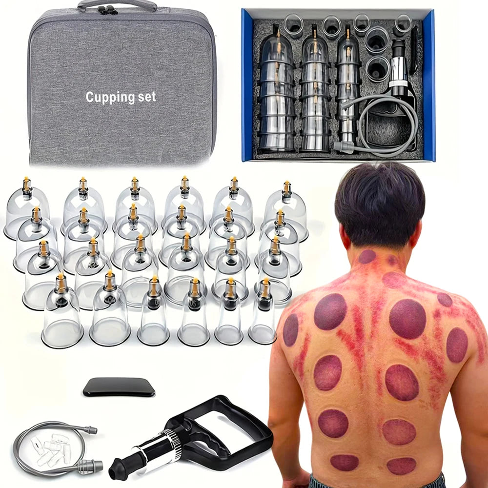 Manual Pump Cupping Set with Listed Plastic Cups in Various Sizes and Guide Reference, 12 or 24-Piece Bag Labels and 12-Piece Box Option for Adult Personal Care