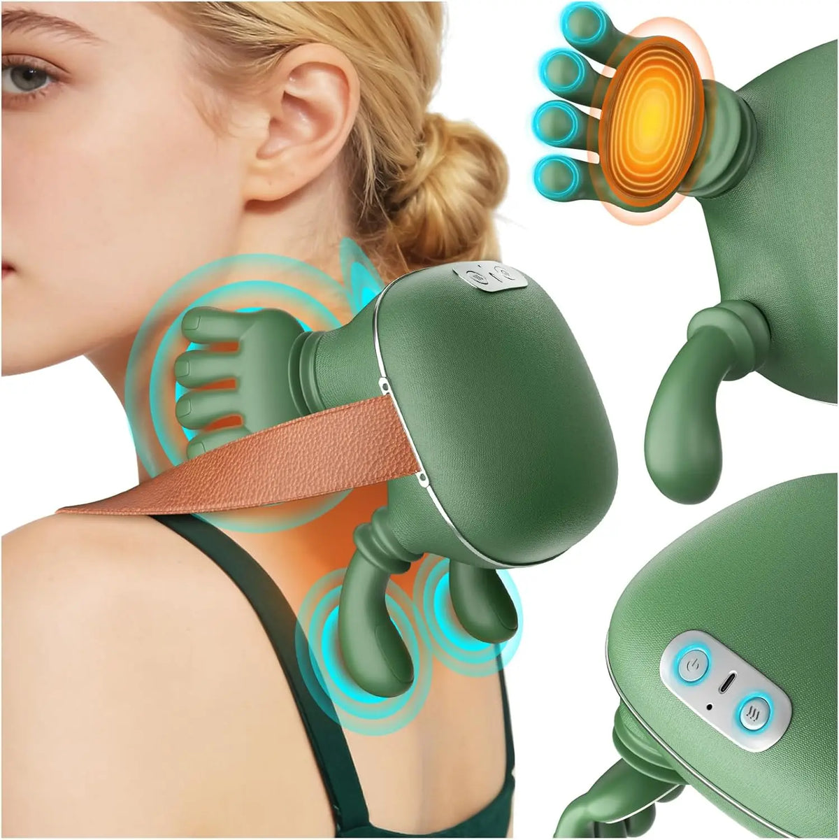 Wireless Neck and Back Massager with Heat, Battery-Powered 4D Shiatsu-Style Kneading Device in Green Silver Switch Option for Adult Relaxation Routines