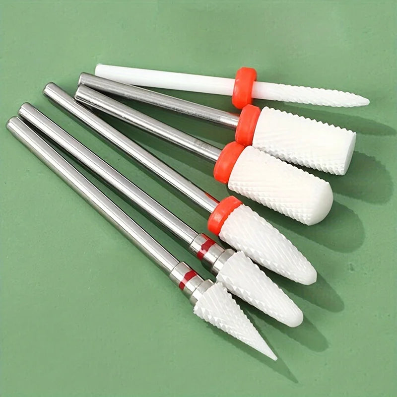 Ceramic Nail Drill Bits Set, 6-Piece Milling Cutter Accessories with Flame and Corn Shape References for Electric Manicure and Pedicure Tools