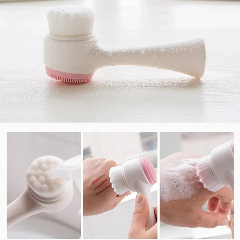 Facial Cleansing Brush, Double-Sided Manual Face Wash Tool with Handle, Silicone and Plastic Construction, Listed 13 x 6 cm Size in Pink or Blue