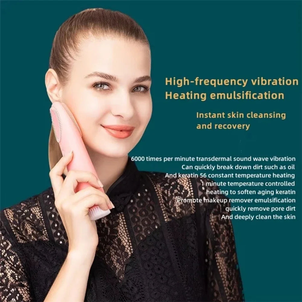 Heated Facial Cleansing Brush with USB Charging and Three Mode References, Silicone, Bristle and Rolling Head Descriptions with Three Single-Piece Option Labels