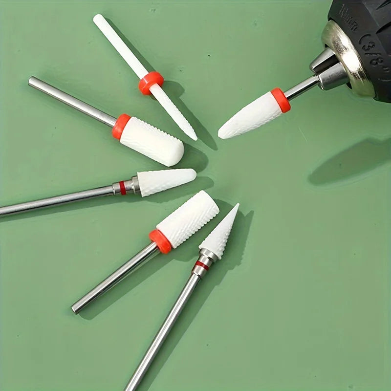 Ceramic Nail Drill Bits Set, 6-Piece Milling Cutter Accessories with Flame and Corn Shape References for Electric Manicure and Pedicure Tools