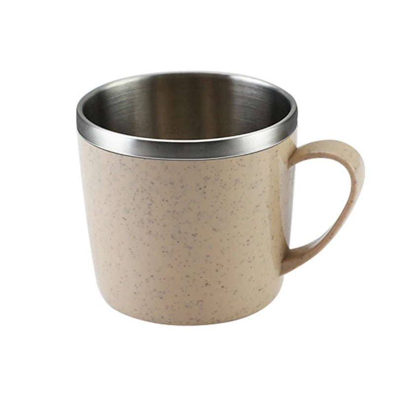 220ml Stainless Steel Mug with Plastic Handle and Double-Layer Design, Single Coffee, Tea and Milk Cup in Blue, Green, Pink or Beige for Home and Office