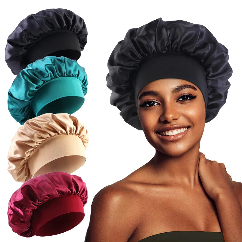 Wide Band Satin Sleep Bonnet with Listed Elastic Hair Wrap Design, Polyester Material Reference and Twenty-Eight Color Labels for Adult Nighttime Hair Styling