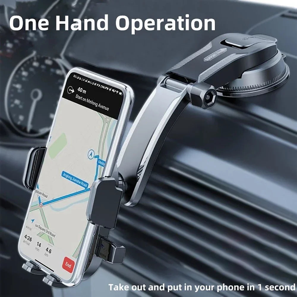 Car Phone Holder with Gravity Clamping Arms, Extension Rod and Suction Cup Base, Rotating Dashboard or Windshield Mount in Mirrored or Textured Options