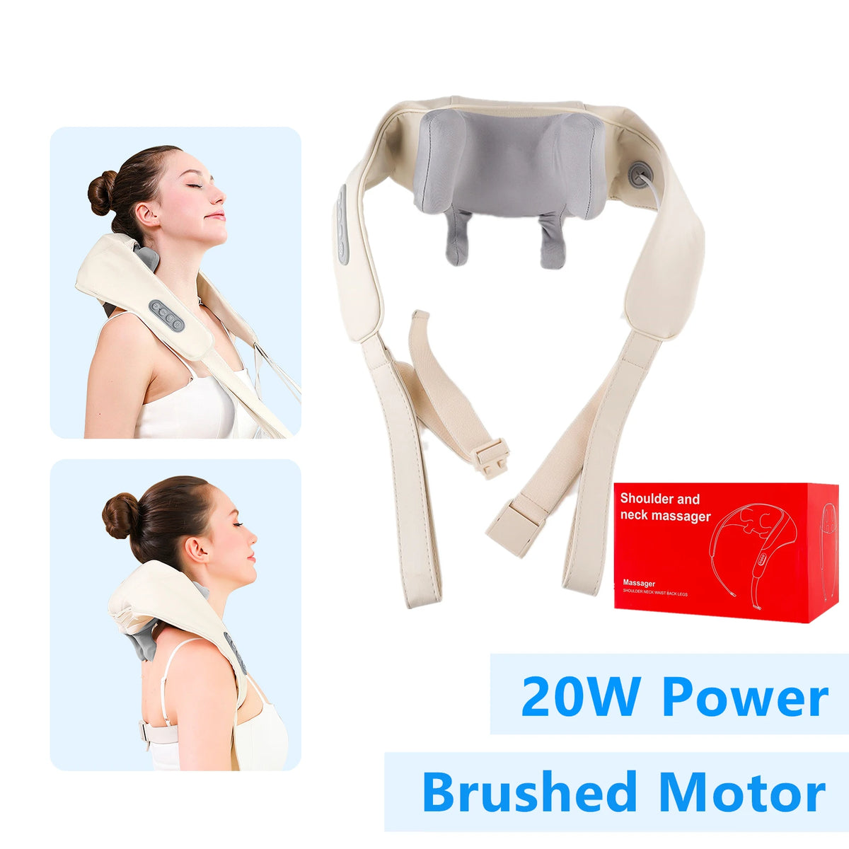 Rechargeable Neck and Shoulder Massage Shawl with Listed Two Modes, Adjustable Straps and Back Buckle, 20W or 26W Kneading Models in White, Grey and Brown Options