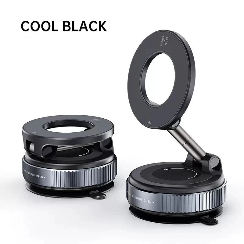 Folding Magnetic Phone Holder, 360° Rotating Vacuum Suction Mount in Black or White for Compatible Car Dashboards, Windshields and Desktop Phone Positioning