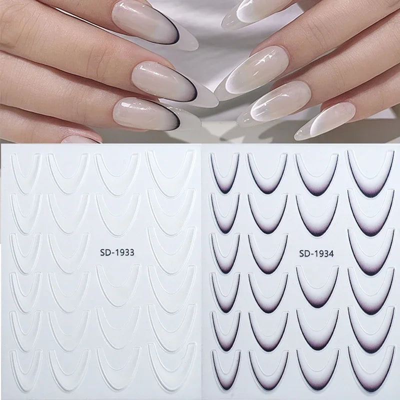 French Gradient Line Nail Art Stickers, White and Black Self-Adhesive 3D Decals for Natural, Acrylic and Artificial Nails, DIY Home and Salon Manicures