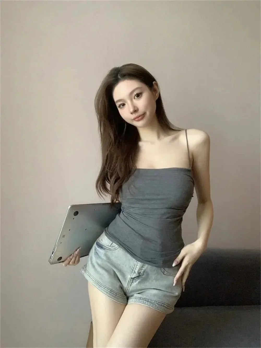 Women's Fixed Pad Crop Top with Thin Straps, Sleeveless Polyester Casual Tank in Red, Black, White or Grey, One Size for Layering and Going-Out Outfits