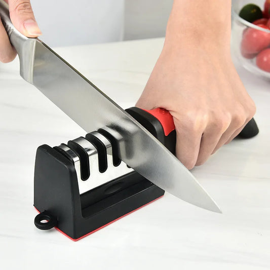Handheld Kitchen Knife Sharpener in Red, Manual Household Blade Maintenance Tool with Listed Four-Segment Design for Compatible Cooking Knives