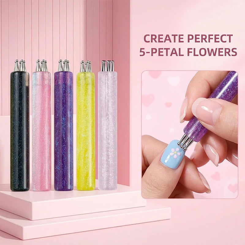 Five-Petal Nail Dotting Tool, 1.8mm Metal Fine Tip with Glitter Handle for Daisy Flower Nail Designs, Dot Patterns and Rhinestone Placement in Four Color Options