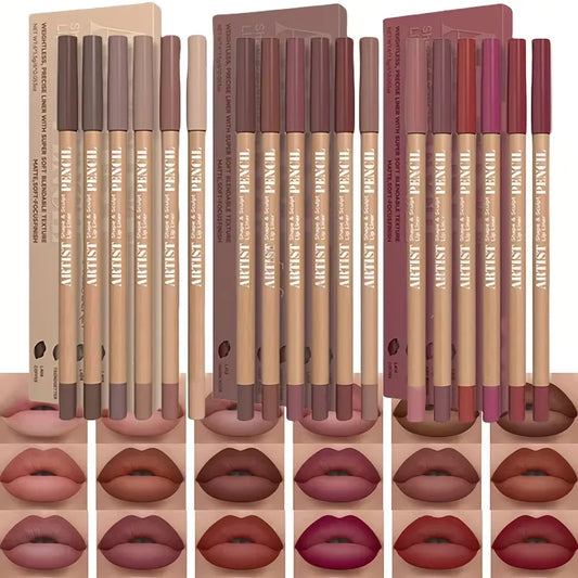 Six-Piece Velvet Matte Lip Liner Pencil Set, Nude Pink, Nude Brown or Pink Rosy Options for Lip Outlining, Filling and Everyday Makeup Looks