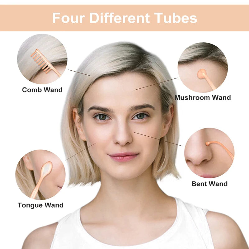 High Frequency Facial Wand Set with Four Glass Tube Attachments and English Manual, Glass and ABS Beauty Equipment in US, EU, UK or AU Plug Options