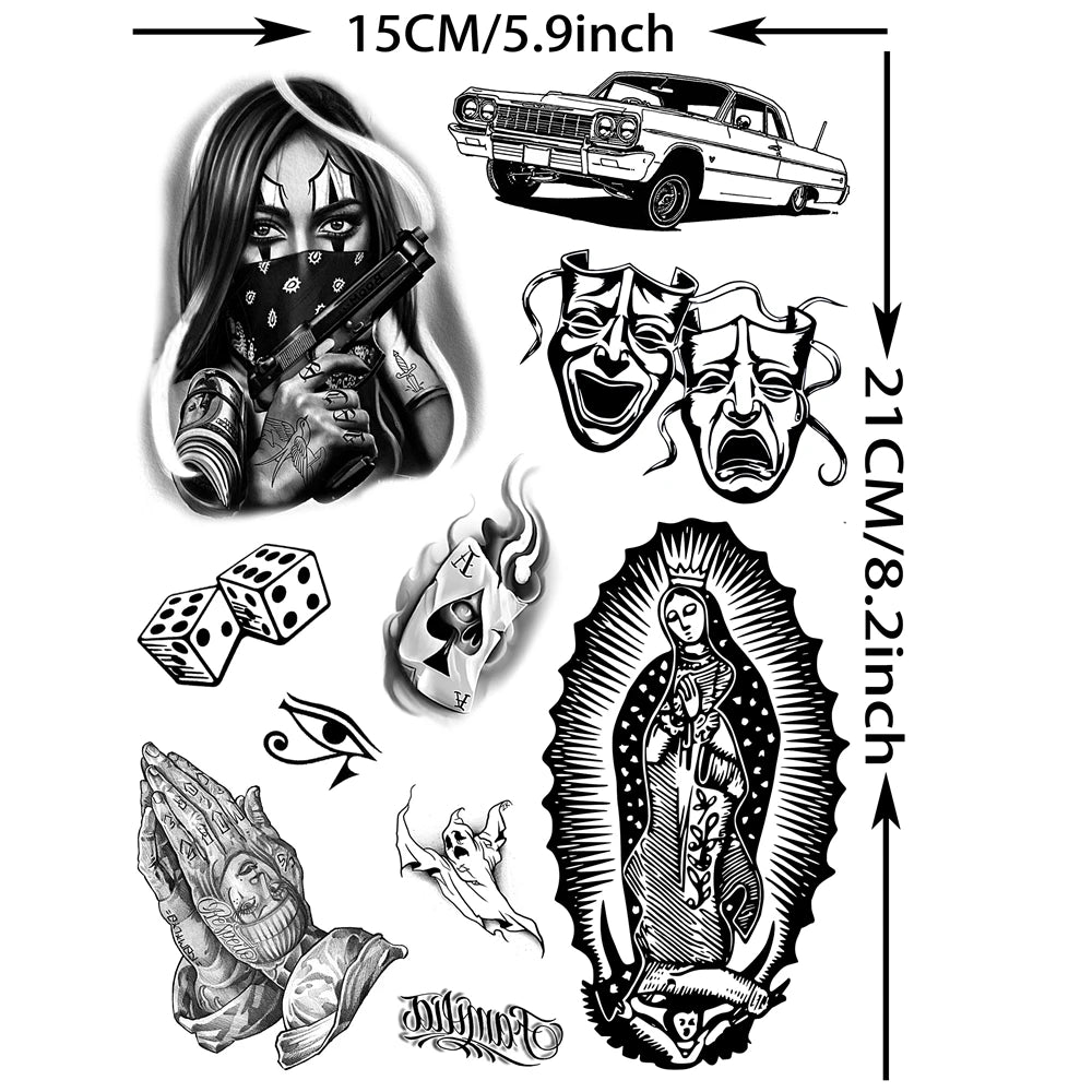 Chicano Temporary Tattoos, 6 Sheets of Chicana and Guadalupe Inspired Body Art for Adult Men and Women, Halloween and Day of the Dead Styling