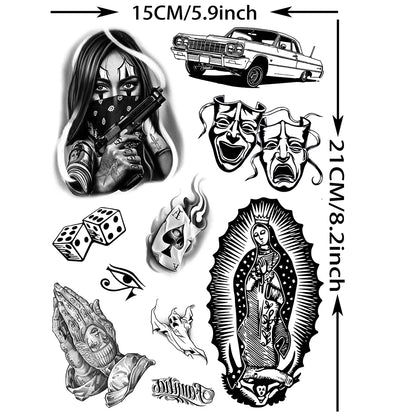Chicano Temporary Tattoos, 6 Sheets of Chicana and Guadalupe Inspired Body Art for Adult Men and Women, Halloween and Day of the Dead Styling