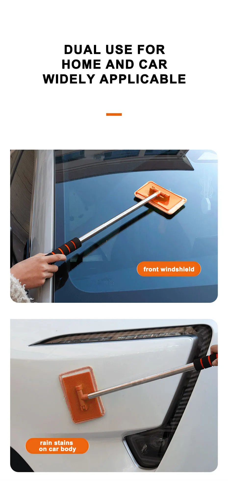 Telescopic Windshield Cleaning Brush by SEAMETAL, 32–50.5cm Adjustable Aluminum-Alloy Handle for Manual Car Glass Wiping in Black, Orange or Blue