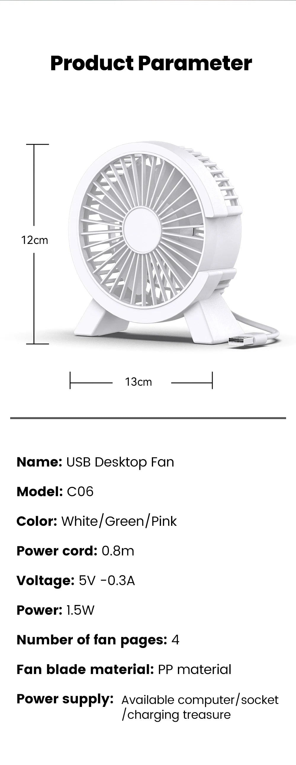 USB Powered Mini Desk Fan for Home Office and Student Study Spaces, Direct-Connection Tabletop Personal Fan in Green, White or Pink