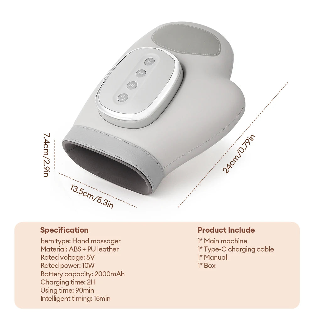 Full-Hand Compression Massager with Finger, Thumb, Palm and Wrist Coverage, Three Modes, Five Intensity Levels and Cordless 2000mAh Rechargeable Design