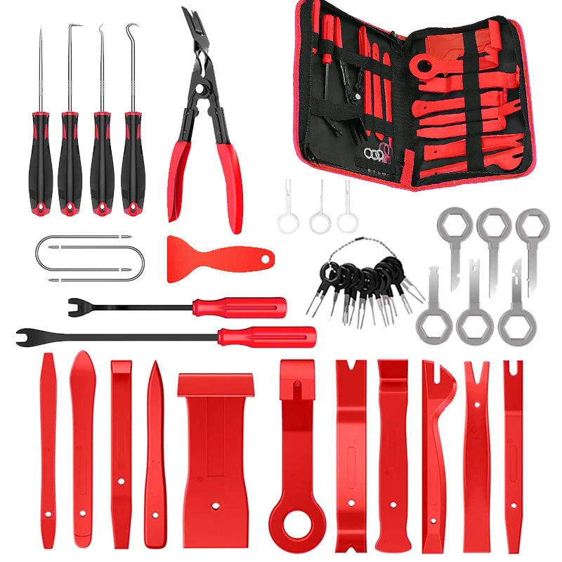 Car Interior Trim Removal Kit with Red or Blue 5, 11, 41 and 161 PCS Configurations for Compatible Door Panels, Stereo Surrounds and Fastener Release Tasks