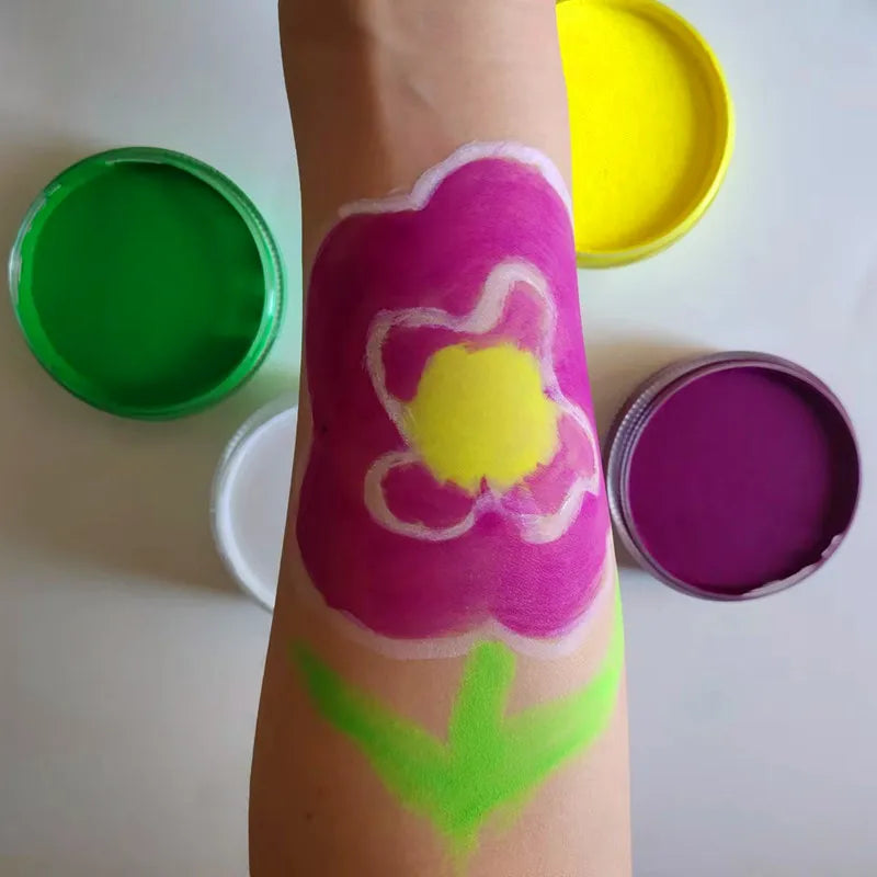 Water Based Face and Body Paint with Listed 30g Color Options, Matte Shades, Pearl White and UV Pink Labels for Stage Makeup, Cosplay and Costume Looks