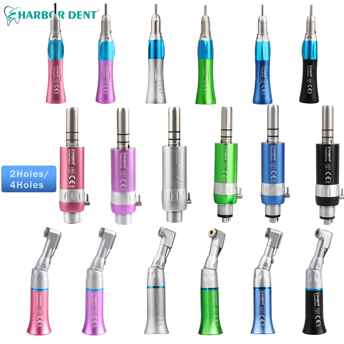 Single-Piece Low Speed Dental Handpiece Options, Straight Nose or Contra Angle Attachments and 2 or 4 Hole Air Motors in Six Color Selections