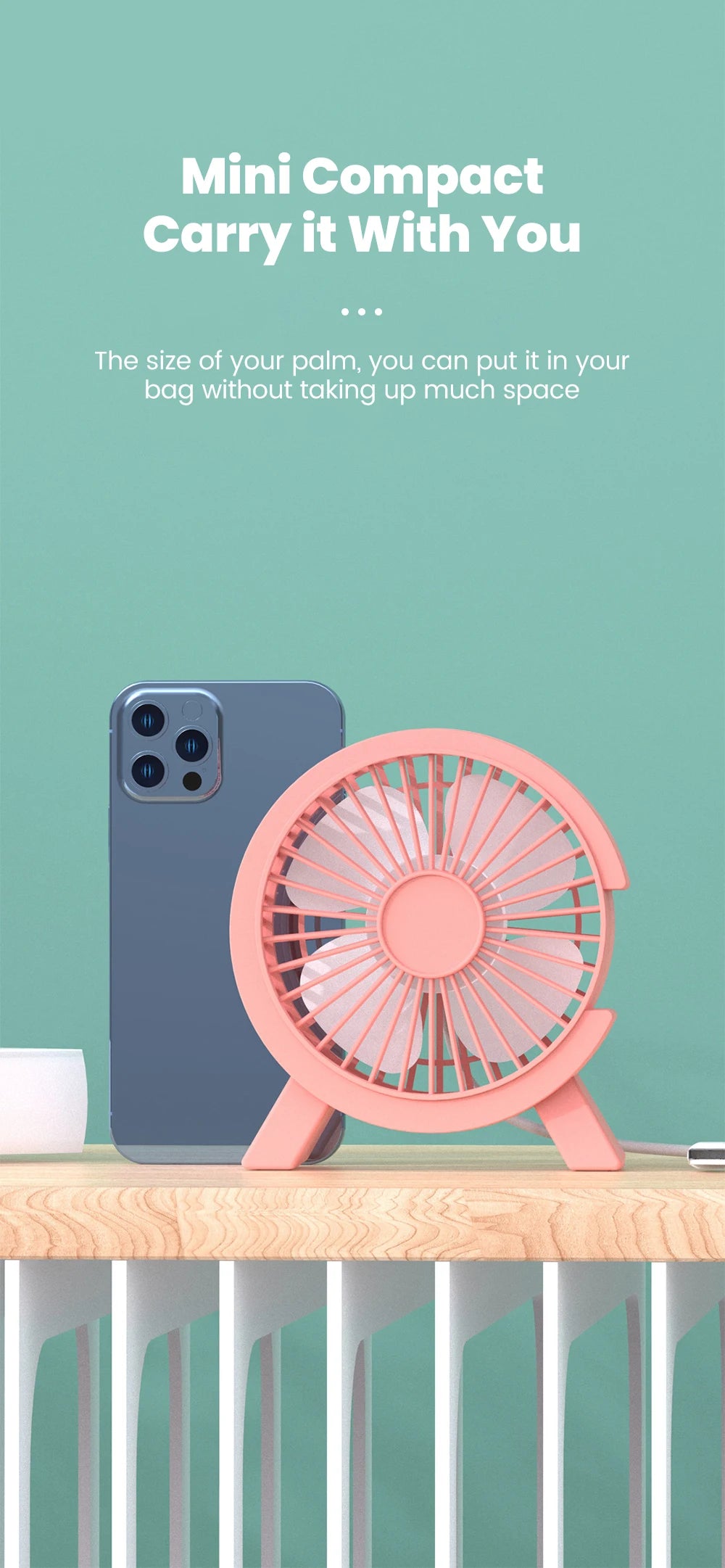 USB Powered Mini Desk Fan for Home Office and Student Study Spaces, Direct-Connection Tabletop Personal Fan in Green, White or Pink