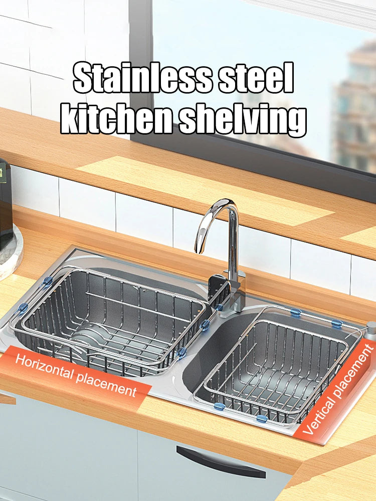 Telescopic Sink Drain Basket, Stainless Steel Expandable Dish Drying Rack with Medium or Large Size Options for Kitchen Cups, Plates and Produce Rinsing