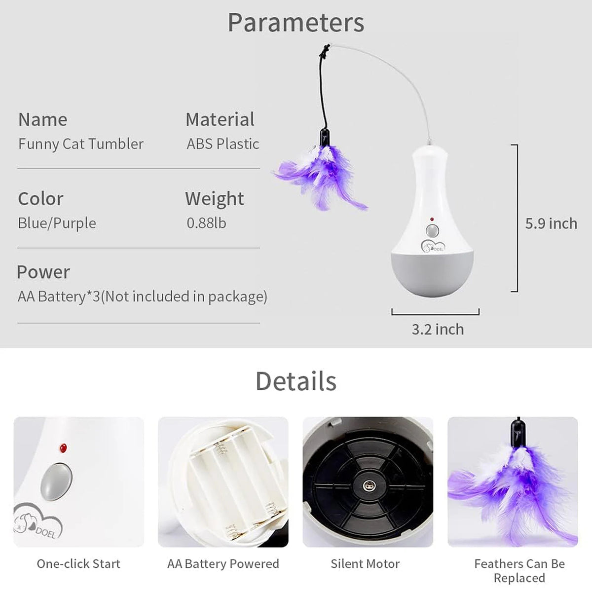 Automatic Feather Cat Toy by DOEL with 360-Degree Random Rotation, Two Interchangeable Feathers and 15-Minute Auto Shutoff for Supervised Indoor Play, White