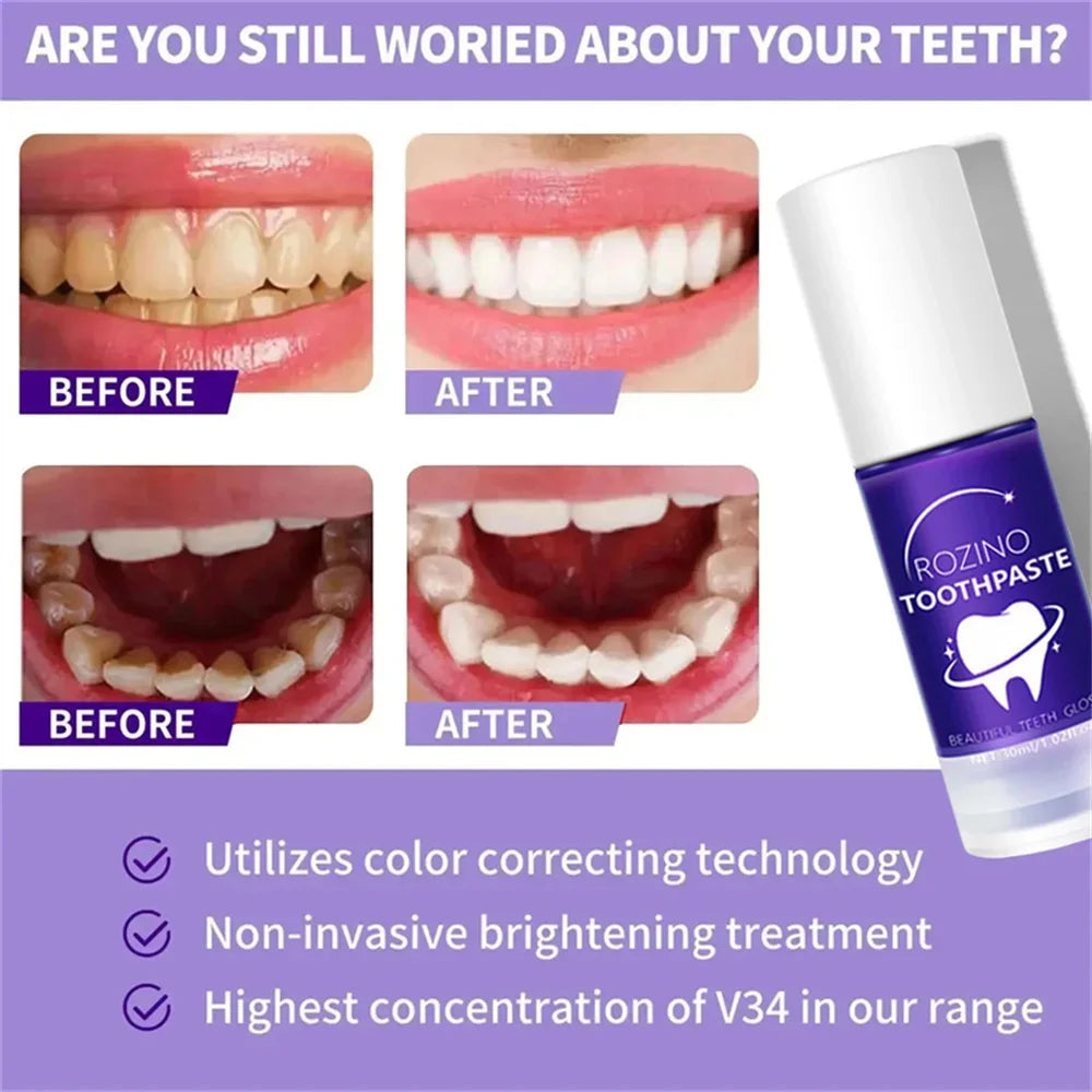 V34 Purple Toothpaste Serum with Color-Correcting Concept, 1-Piece, 2-Piece or Seven-Piece Box Options for Label-Guided Adult Oral Care Routines
