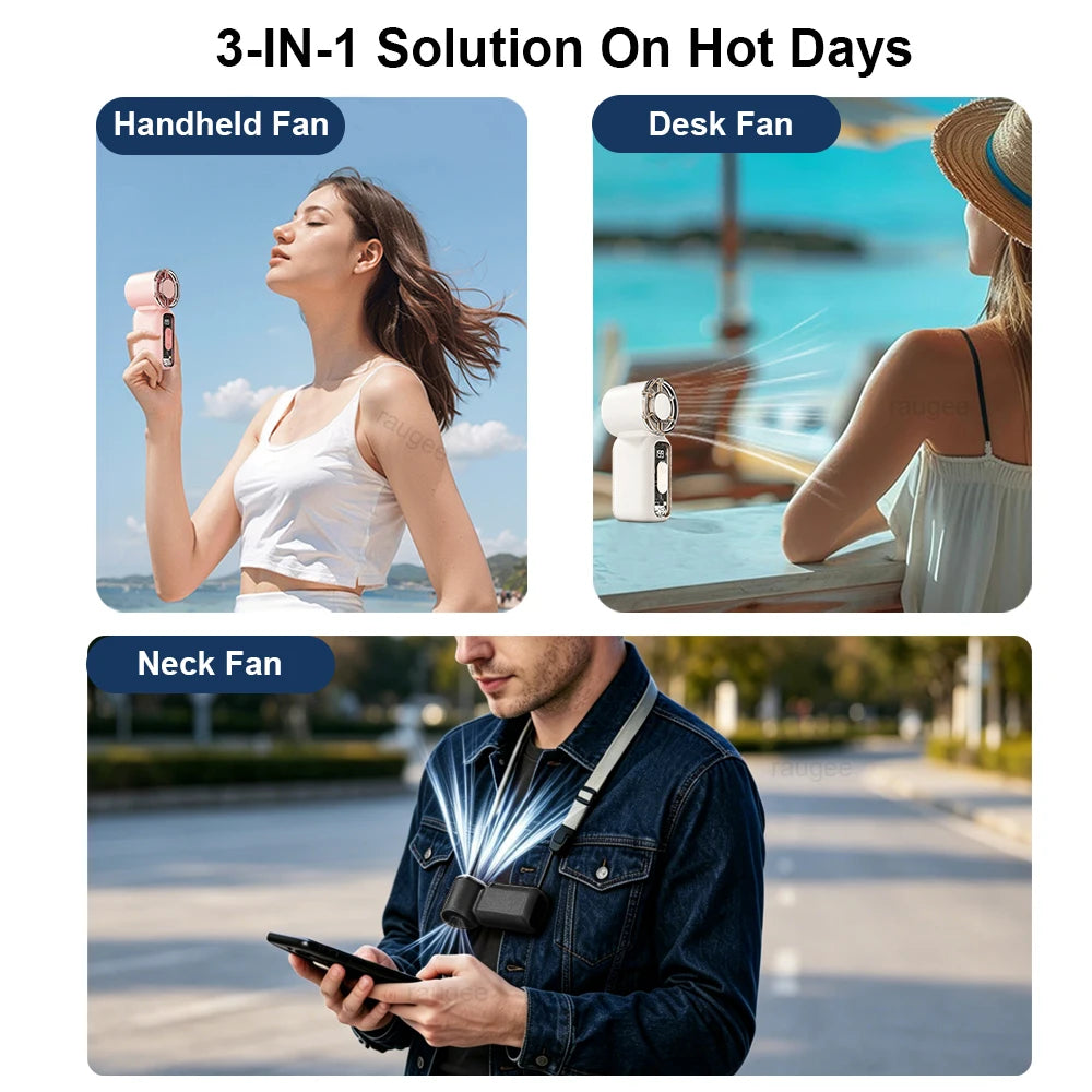 Digital Display Handheld Fan with USB Rechargeable Design, Listed 1-199 Speed Settings and Dual-Mode Flashlight in Black, White or Pink for Travel and Desk Use