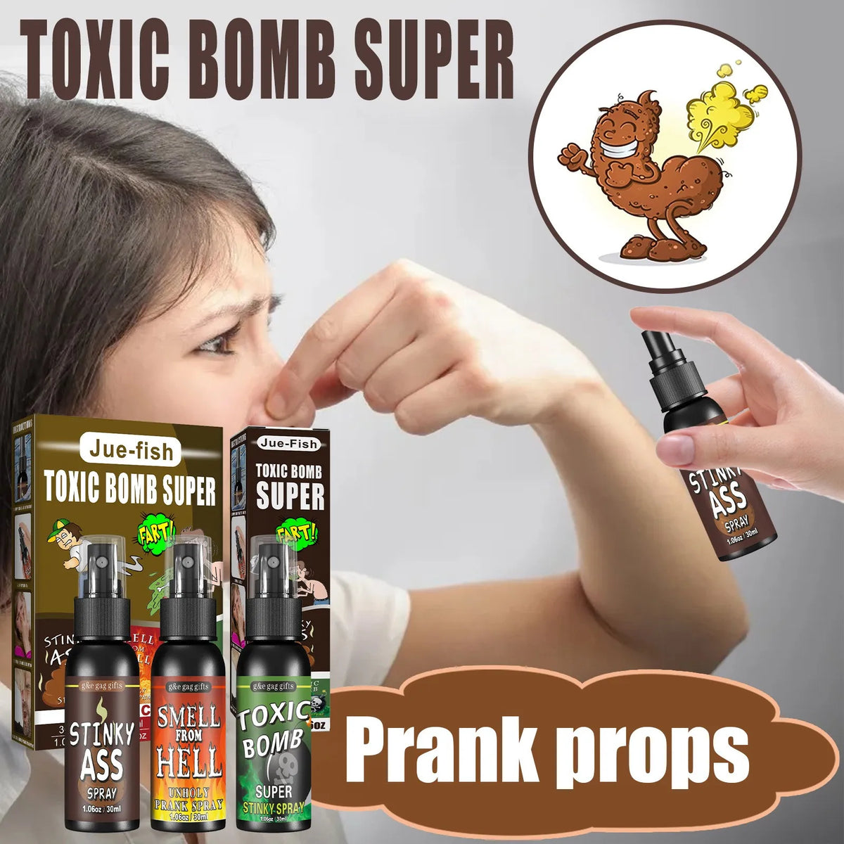 Fart Spray Novelty Liquid with Listed 30ml Pump-Action Bottle, Gag Gift Selection in A, B and C Single-Piece Labels or D Three-Piece Option