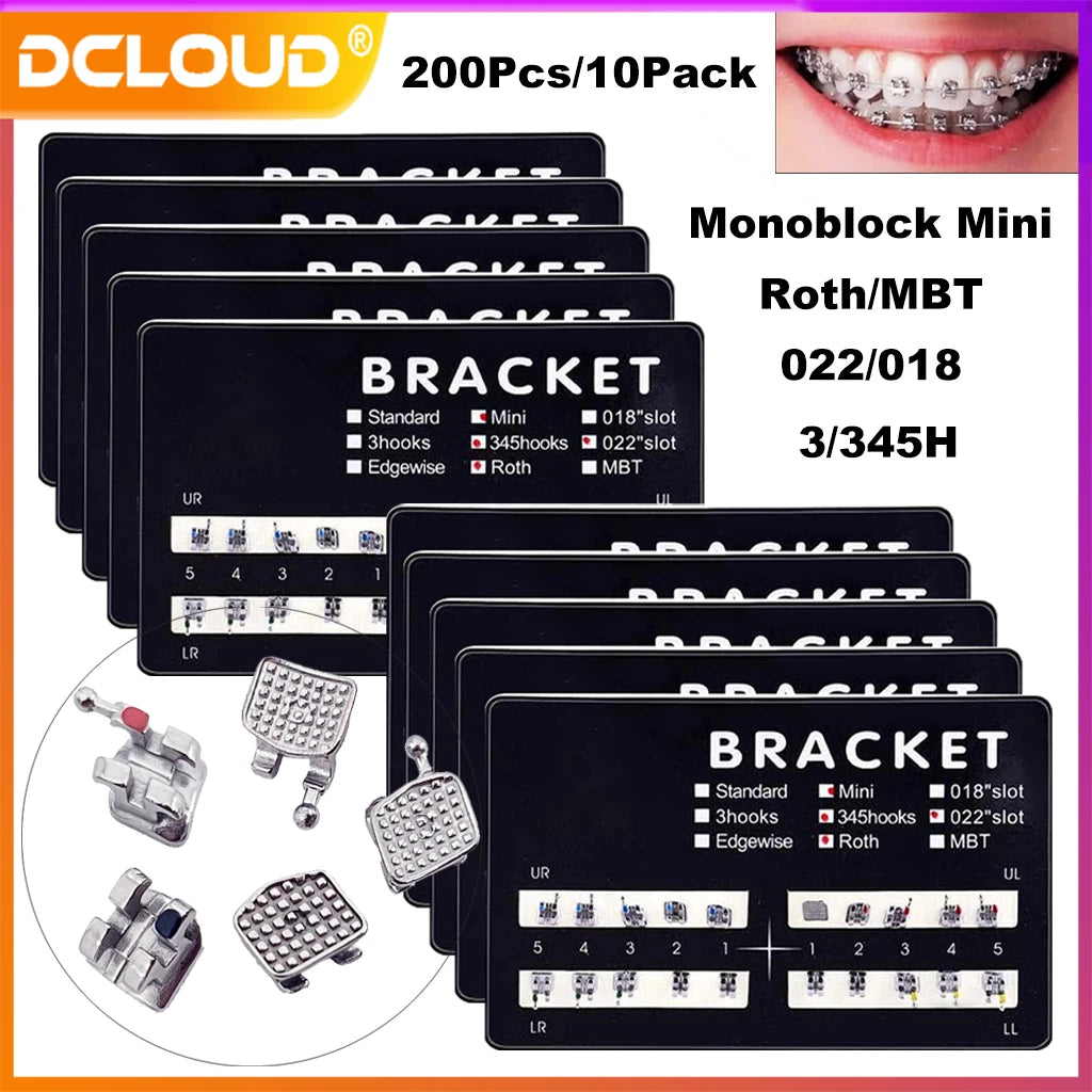 Monoblock Orthodontic Brackets, 200-Piece Metal Dental Supply in 10 Packs with Mini Design and Roth, MBT or Edgewise 022 Options for Professional Use