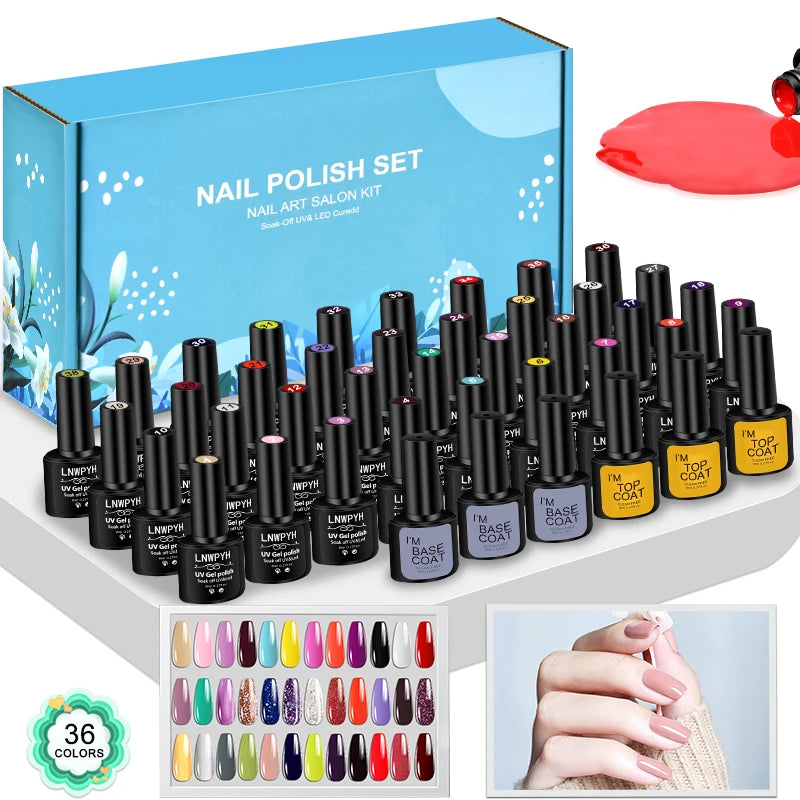 42-Piece Gel Nail Polish Kit, Semi-Permanent Soak-Off UV LED Varnish Set with Base and Top Coat Reference for Adult DIY Manicure and Nail Art