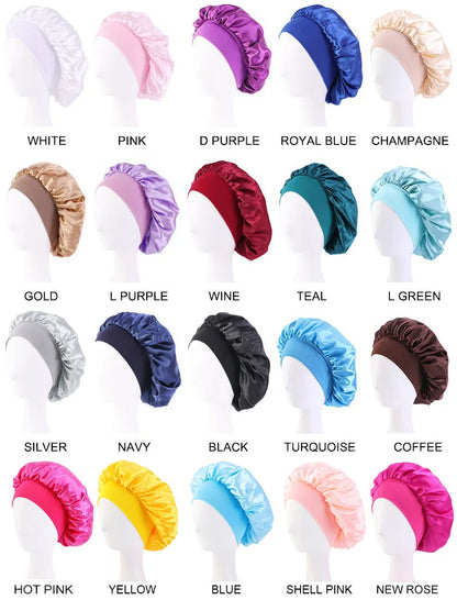 Wide Band Satin Sleep Bonnet with Listed Elastic Hair Wrap Design, Polyester Material Reference and Twenty-Eight Color Labels for Adult Nighttime Hair Styling