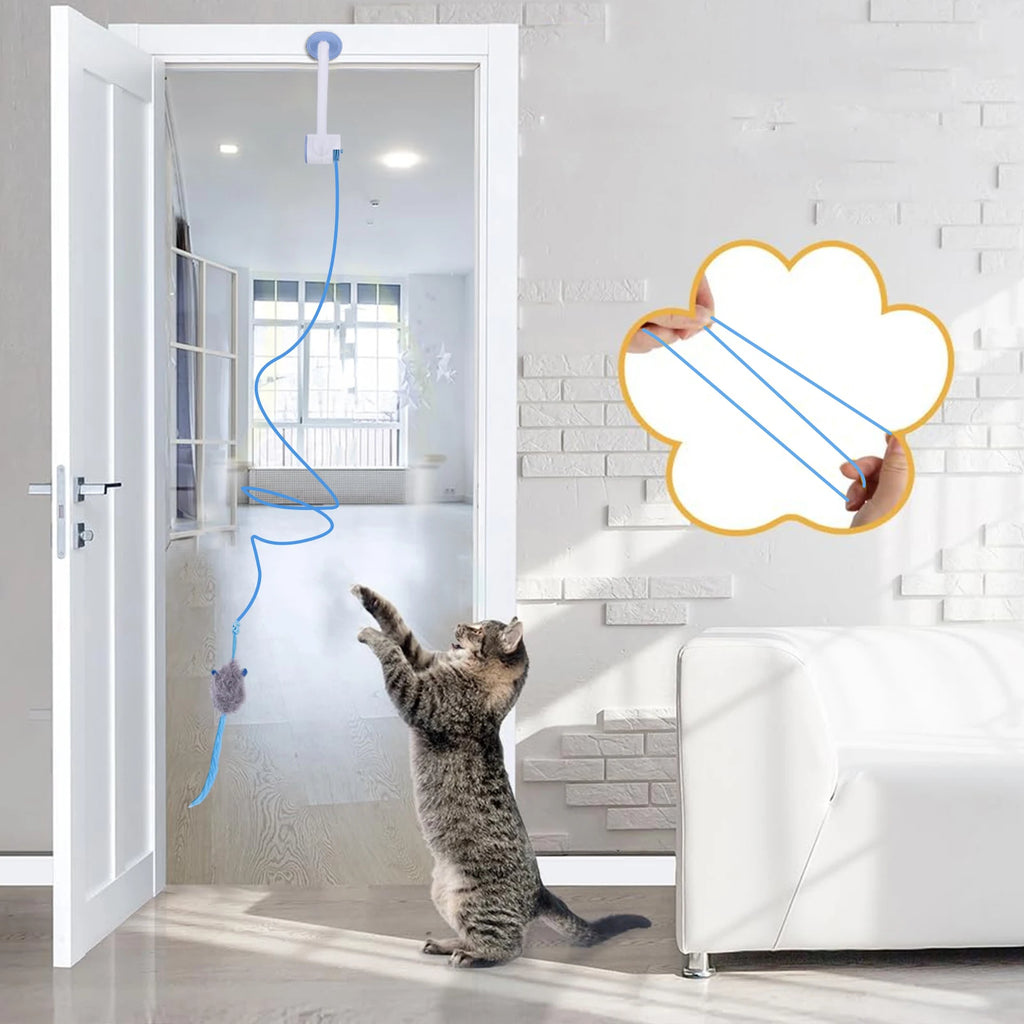 Rechargeable Door Hanging Cat Toy with Three Modes, Retractable Teaser Rope and Three Catnip Mouse Accessories, Blue Indoor Toy for Supervised Play