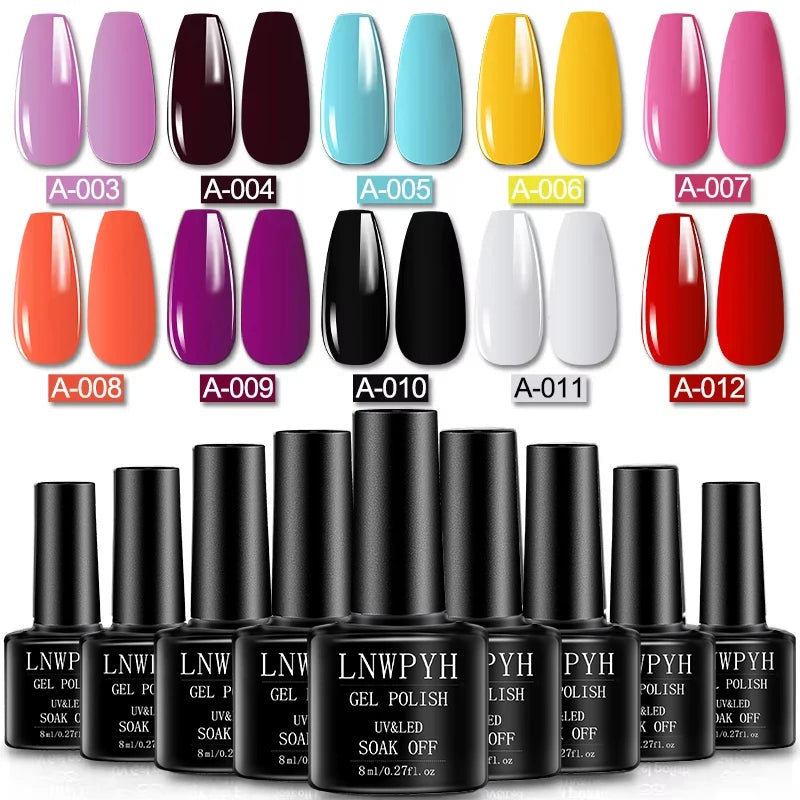 Soak-Off Gel Varnish Kit by LNWPYH with 10 Listed Polish Colors, One Base Coat, One Top Coat and UV LED Sensor Lamp for Adult Home Manicure Designs