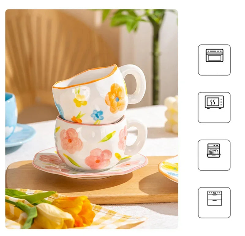 Hand-Painted Ceramic Mug with Irregular Korean-Style Shape and Floral, Heart or Playful Pattern Options for Breakfast Coffee and Afternoon Tea, Cup Only
