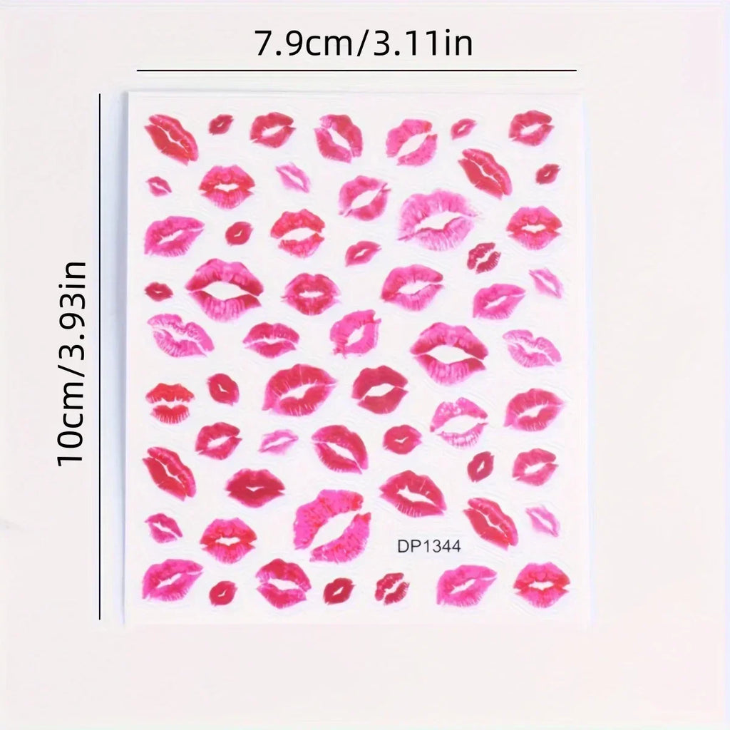 Heart and Kiss Nail Art Stickers, Red Self-Adhesive Matte Finish Decals for Romantic DIY Manicures, Valentine's Day Styling and Everyday Nail Decoration