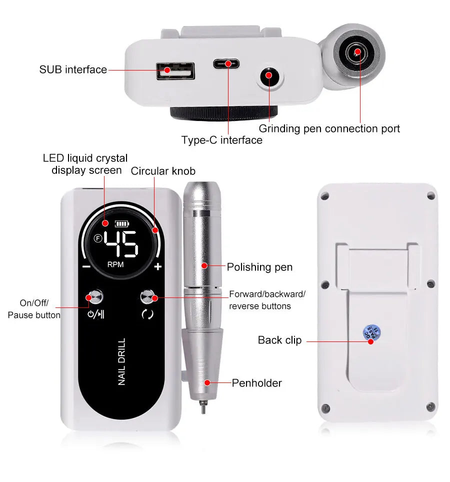 Portable Nail Drill V2 with Listed 45,000 RPM Adjustable Speed, 1800mAh Rechargeable Battery, LCD Display and Six Bits for Acrylic and Gel Manicures