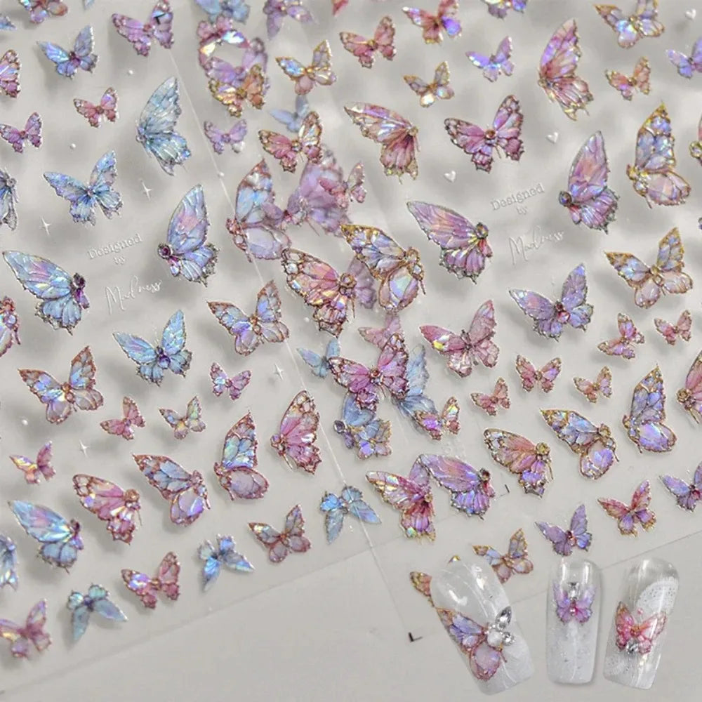 Butterfly 5D Nail Art Stickers, Kawaii Japanese-Inspired Glitter Shell Aurora Style Manicure Decals in Four Design Options for DIY Nail Decoration