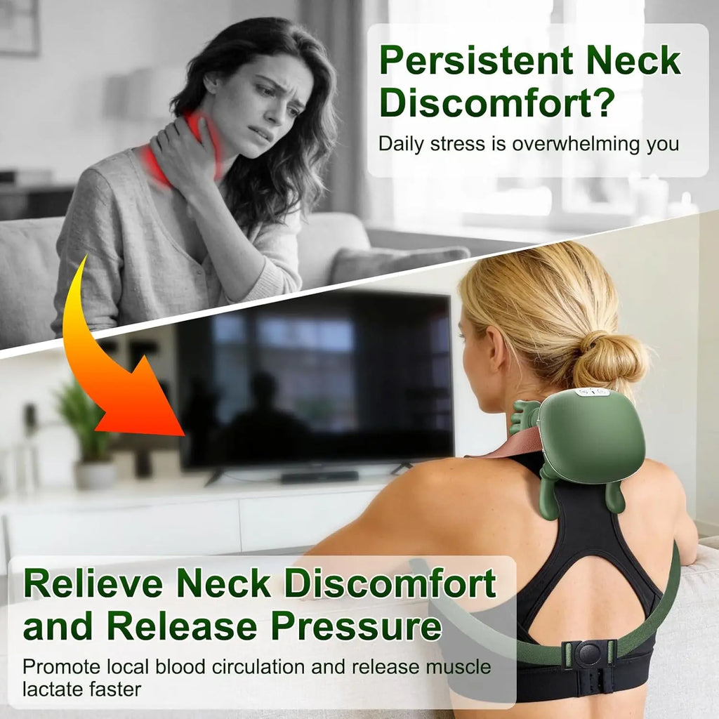 Wireless Neck and Back Massager with Heat, Battery-Powered 4D Shiatsu-Style Kneading Device in Green Silver Switch Option for Adult Relaxation Routines
