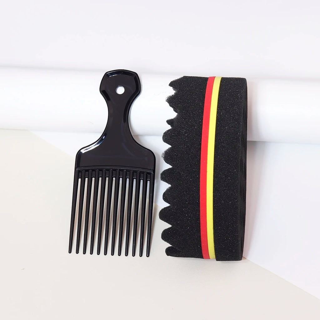 Hair Sponge Brush and Wide-Tooth Comb Set, Two-Piece Styling Tools with Large-Hole or Small-Hole Options for Compatible Hair and Human-Hair Wig Grooming