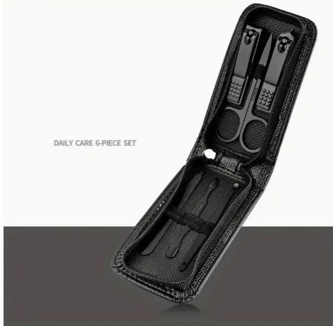 Nail Clipper Manicure Set with Six-Piece Option Labels, Nail Scissors and Clipper References, Black or Green Personal Grooming Kit for Home and Travel