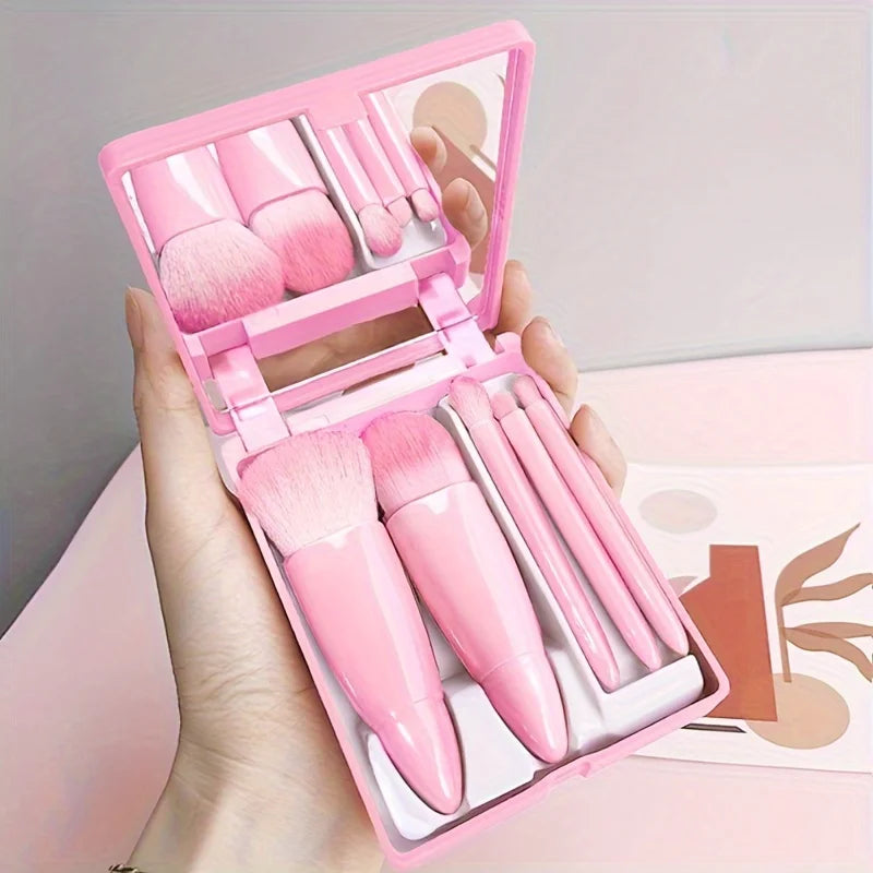 Mini Makeup Brush Set with Mirror and Foldable Travel Design, Listed Five-Piece Beauty Kit in Coffee Pink, Pink or Green for Everyday Touch-Ups
