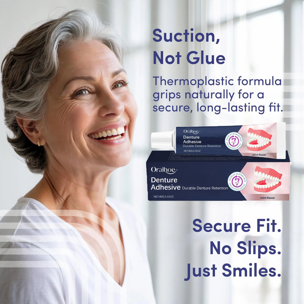 Thermoplastic Denture Adhesive with Listed Zinc-Free Formula and Cushioning Wording, Single-Piece and Promotional Pack Options for Adult Denture Care